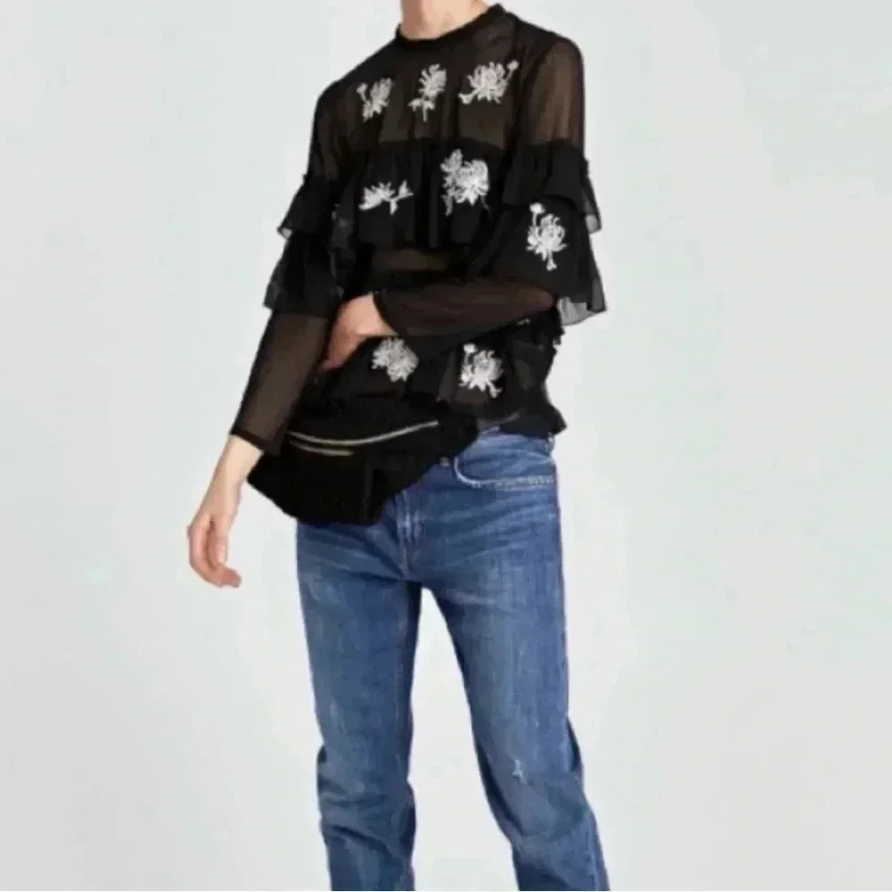 Zara RARE Embroidered Floral Black Tiered Blouse Too Size XS NWT - Picture 10 of 14